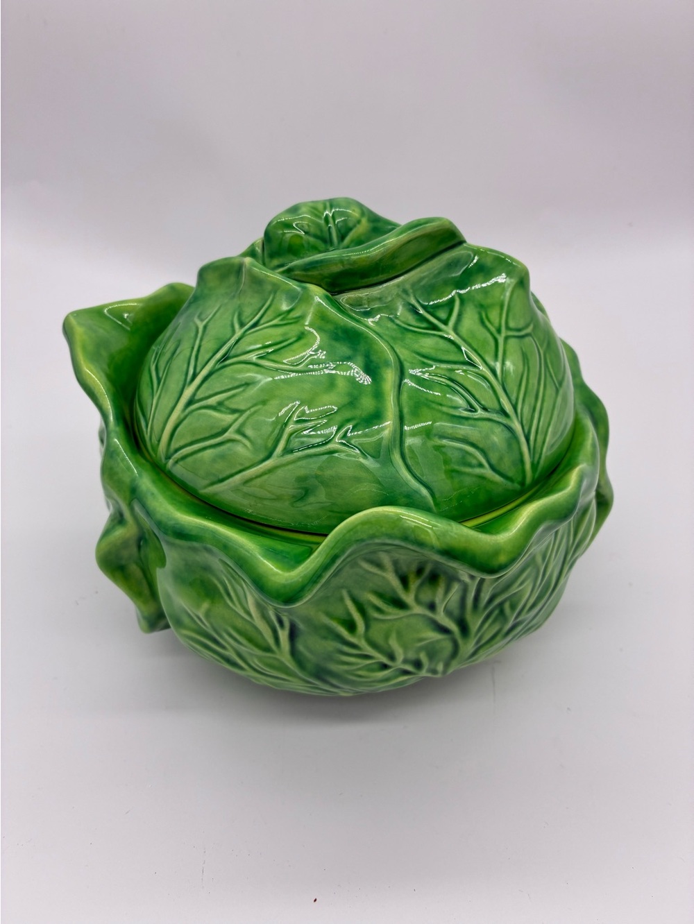 Green Ceramic Cabbage Serving Bowl with Lid